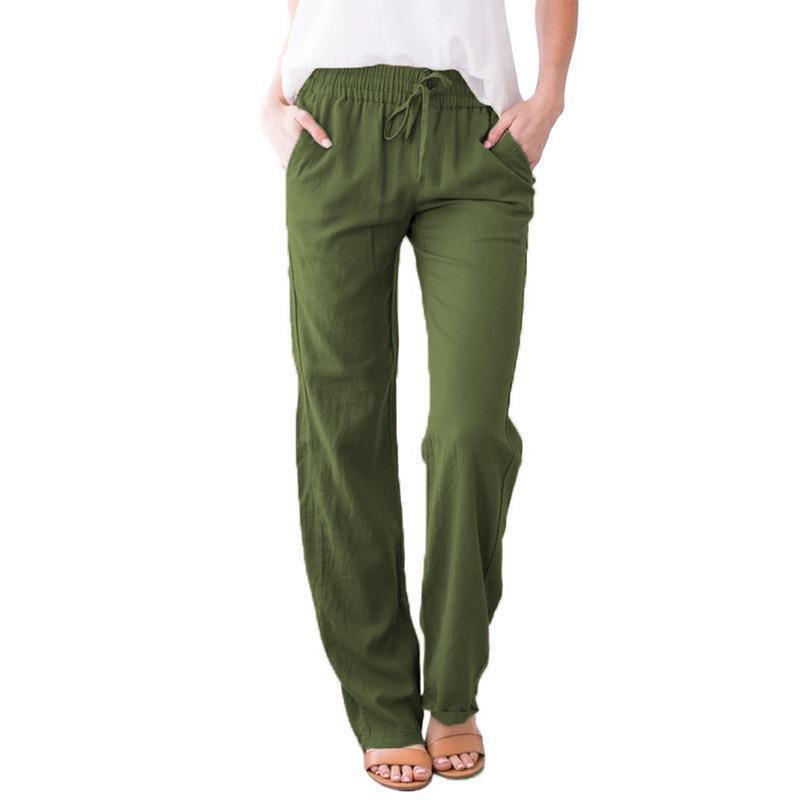 Spring And Summer Women'S Solid Color Cotton And Linen Drawstring Loose Casual Wide Leg Pants