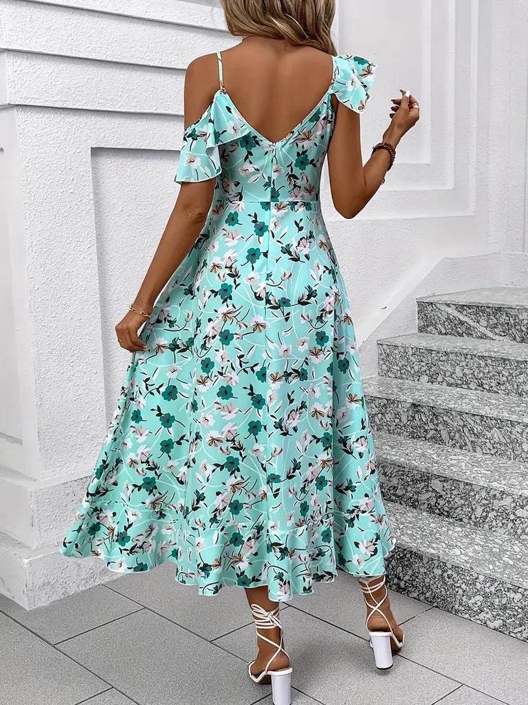 2025 Chic Floral Spaghetti Strap Off-Shoulder Ruffle Dress for Events