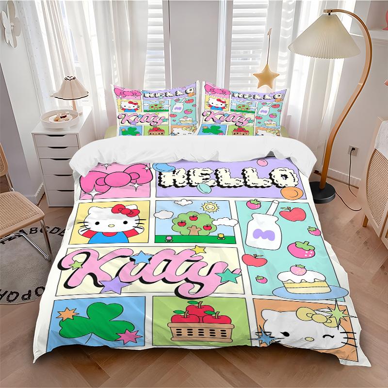 3pcs Hello Kitty's Whimsical World Printed Quilt Set - Includes 1 Quilt Cover and 2 Pillowcases, Machine Washable - Suitable for All Seasons.H054