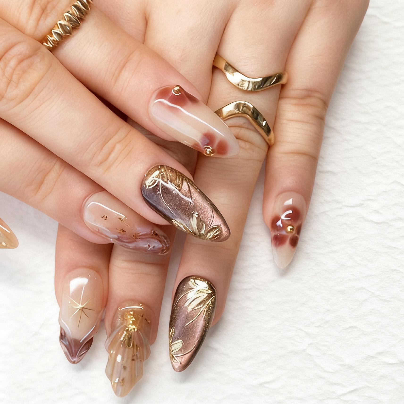 30-Piece Autumn/Winter Gold Leaf  Almond French Manicure Nail Tips with Painted Flowers  Maple Leaves in Brown Packaged Set (Full Drill)