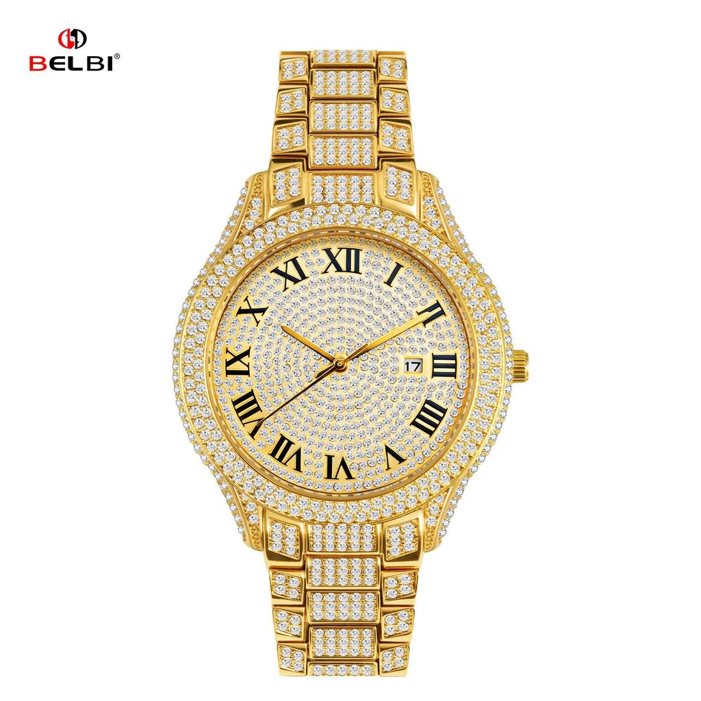 Full Diamond Men Quartz Watch Roman Numerals Date Function Bling Zinc Alloy Bracelet Iced Out Hip Hop Luxury Wristwatch