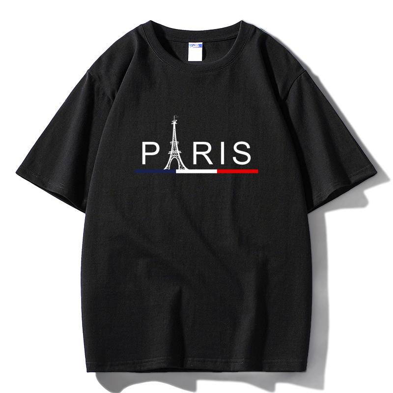 2026 Summer Paris Eiffel Tower Print T-Shirt French Flag Color Stripe Casual White Unisex Tee XS чёрный