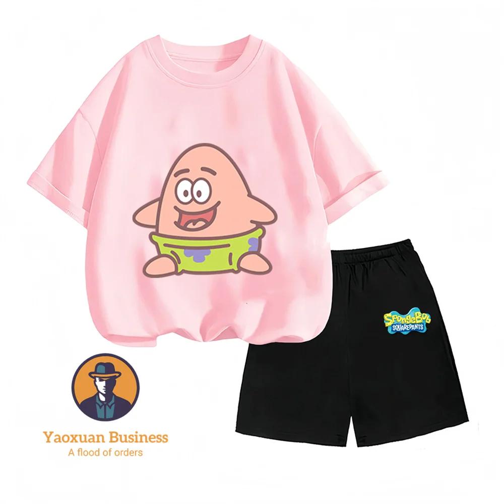 Hot Sale Summer Kidswear Pure Cotton SpongeBob SquarePants Anime Printed Round Neck Casual Two Piece Set