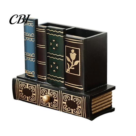 British Style Desk Accessory Wooden Book-Shaped Pen Holder, Retro Organizer with Drawer, Holder Creative Storage Container for Pens Notes Paper Clips