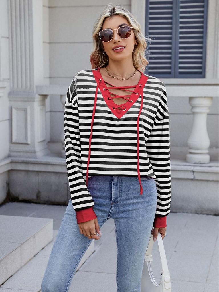 Spring/Summer New Style Striped V-Neck Sweatshirt with Tying Long Sleeve for Women