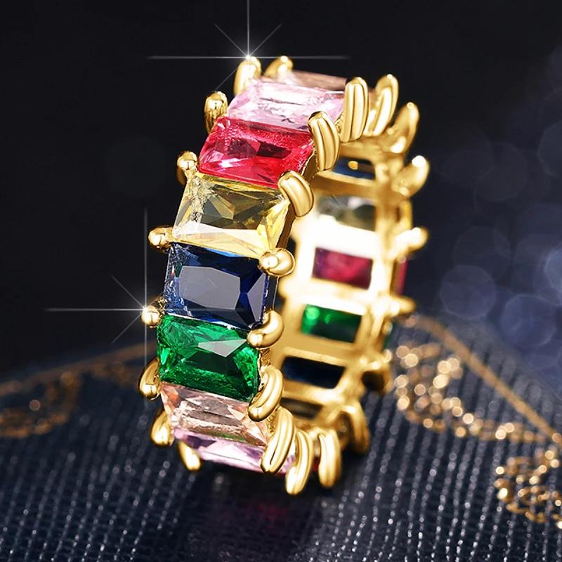 Huitan Rectangular Colorful CZ Promise Rings for Women Luxury Gold Color/CopperColor Wedding Accessories Rainbow Rings Jewelry