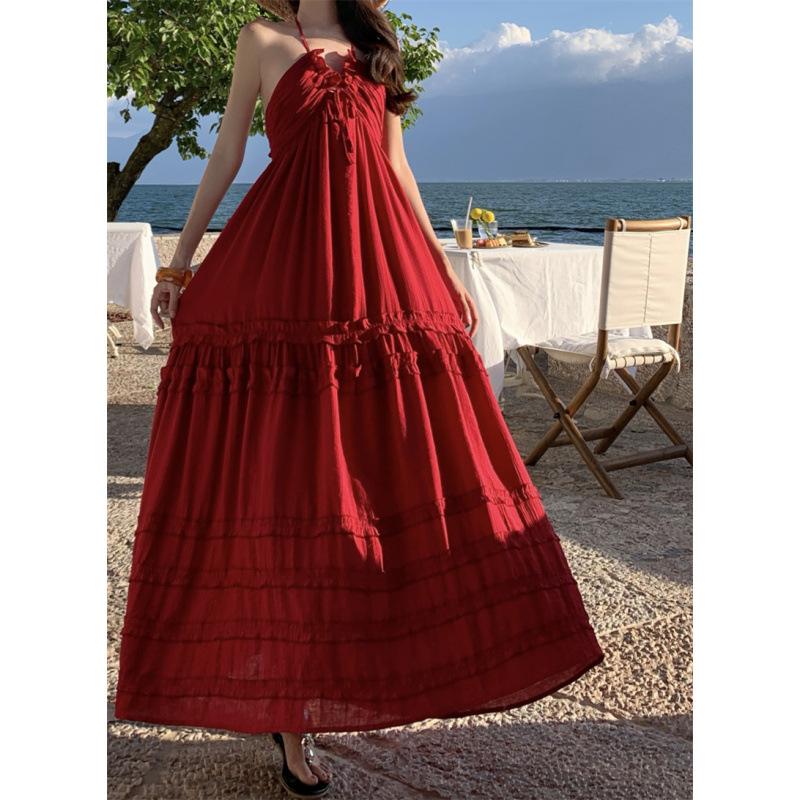 French sexy pure desire style Thai seaside vacation dress women's Sanya sexy suspender cake backless long skirt