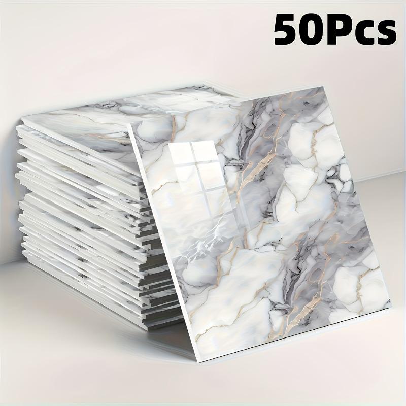 50pcs/100pcs Self-Adhesive Wall Stickers Glossy Marble Pattern Imitation Tile Peel Stick Waterproof Living Room Kitchen Bathroom