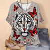 Women's Summer Short Sleeve T-Shirts V-Neck Tiger Printed Shirts Loose Plus Size Pullover Tops