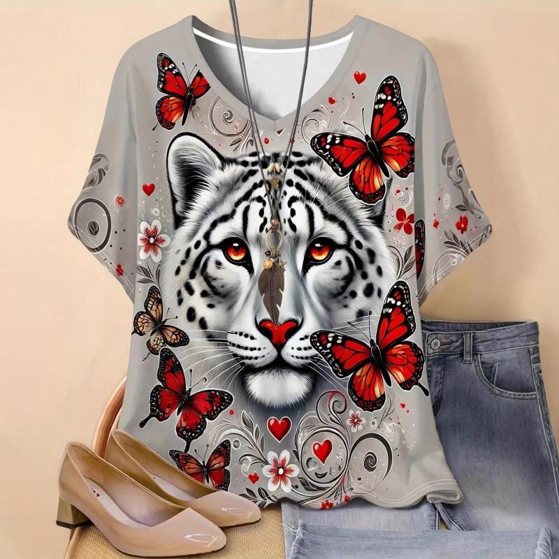 Women's Summer Short Sleeve T-Shirts V-Neck Tiger Printed Shirts Loose Plus Size Pullover Tops