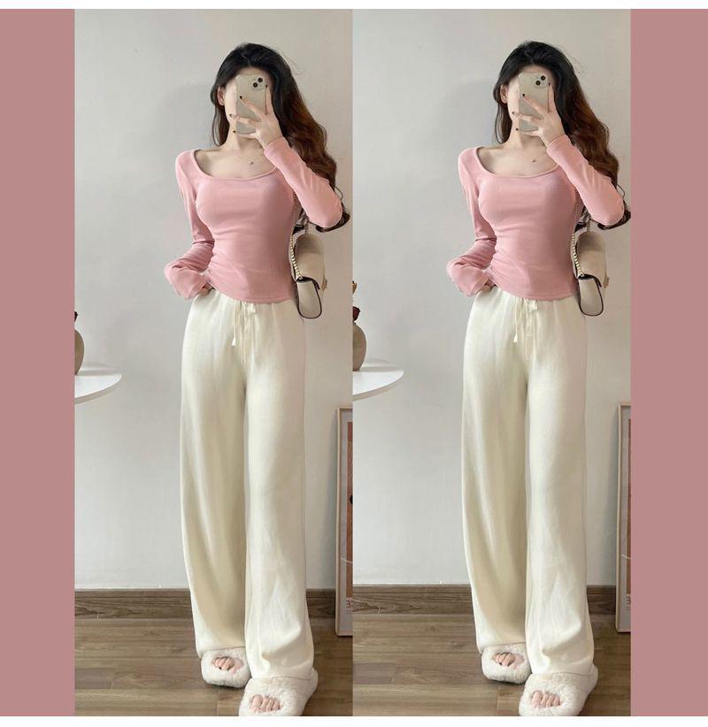 Women's High-End Velvet Square Collar Long-Sleeve Top - Slim Fit, Perfect for Autumn and Winter