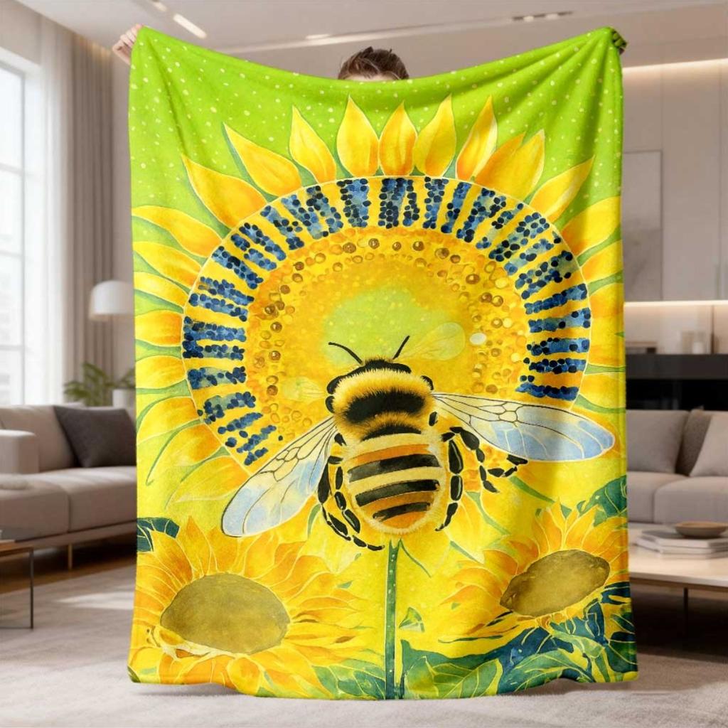 Bright Green Sunflower Bumblebee Throw Blanket For Indoor Sofa Bed Daily Use Birthday Anniversary Nature Pet Friend Offering