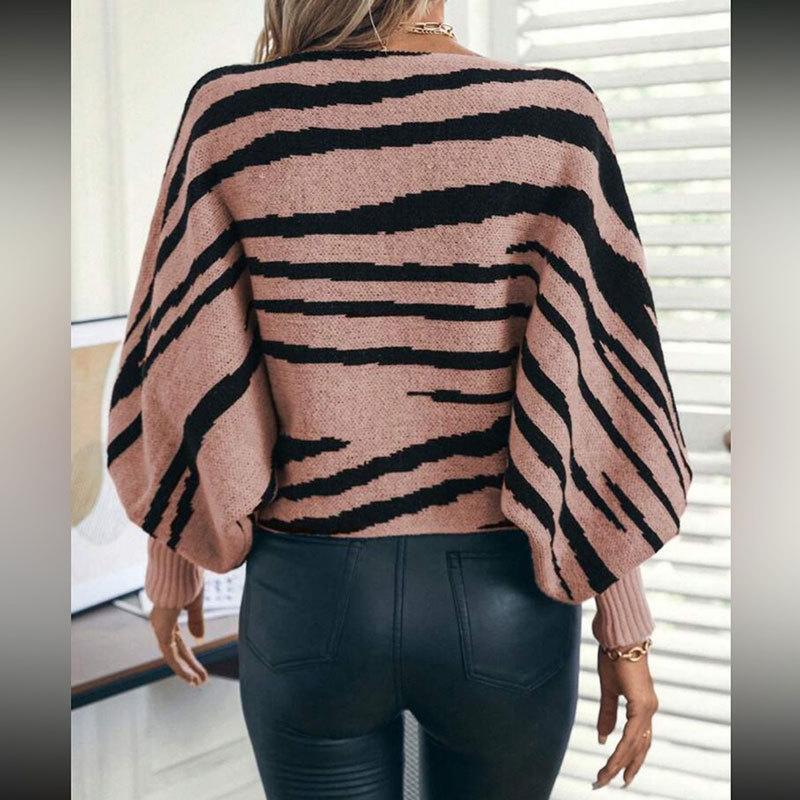 New Fall Winter Women Fashion Sweater Loose Style Slash Collar Batwing Sleeve Zebra Color Block Pullover Jumper Knitwear