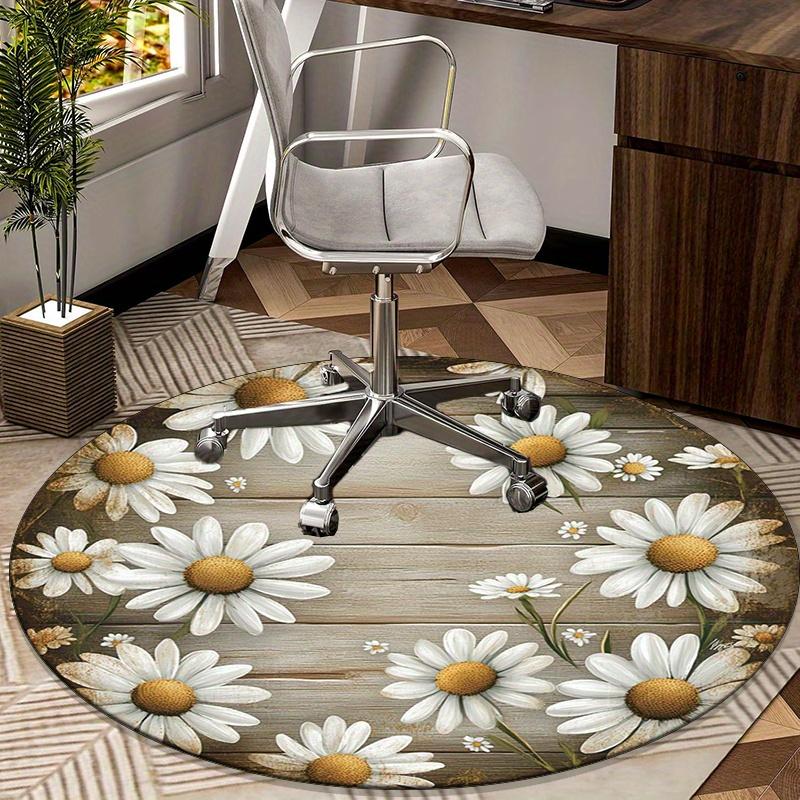 1pc Charming Daisy Floral Round Rug - Rustic Wood Print Design, Polyester Fabric, Suitable for Bedroom Living Room