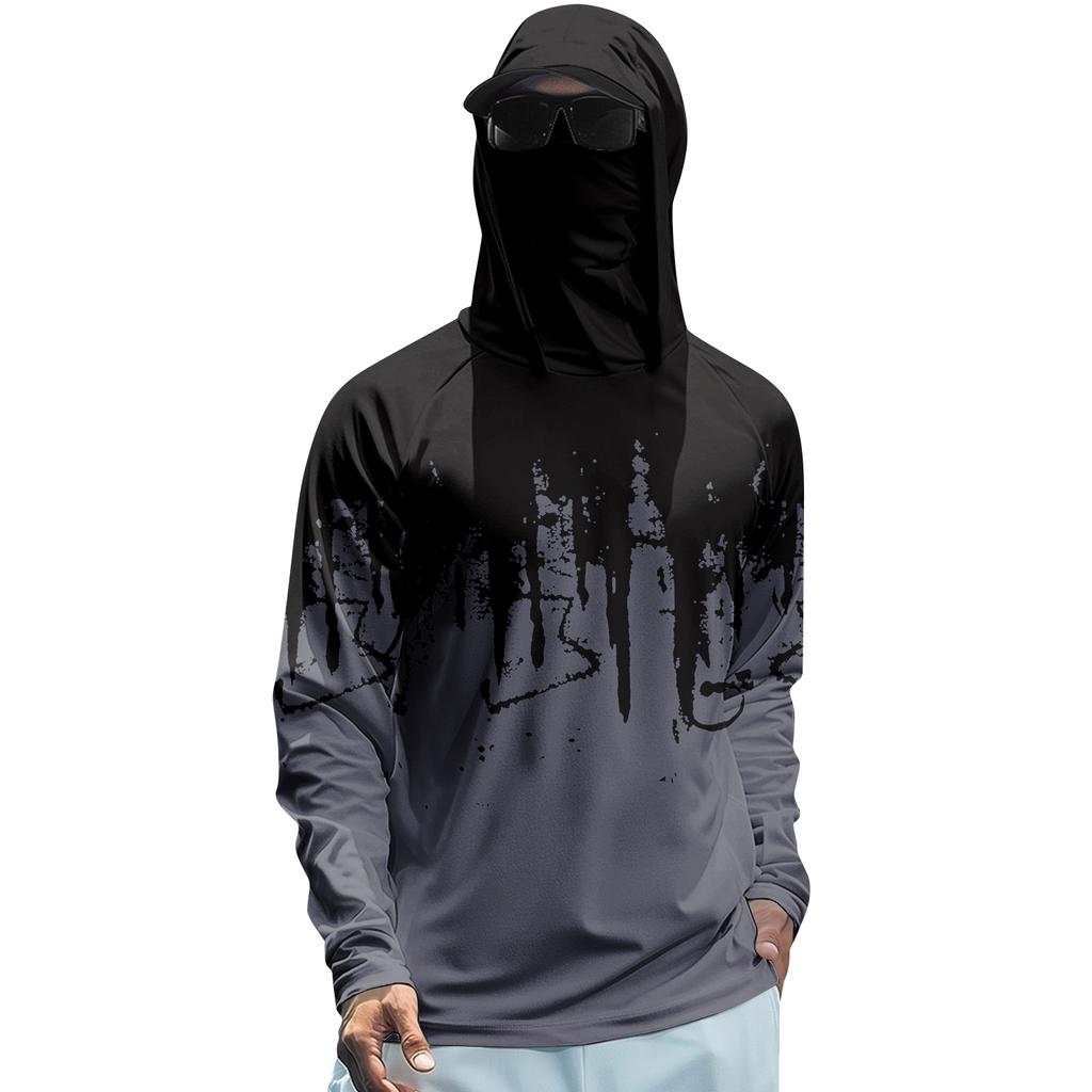 Men’s Summer Long Sleeve Hooded T Shirt Quick Dry Print Lightweight Sun Sports Fishing Gym Top