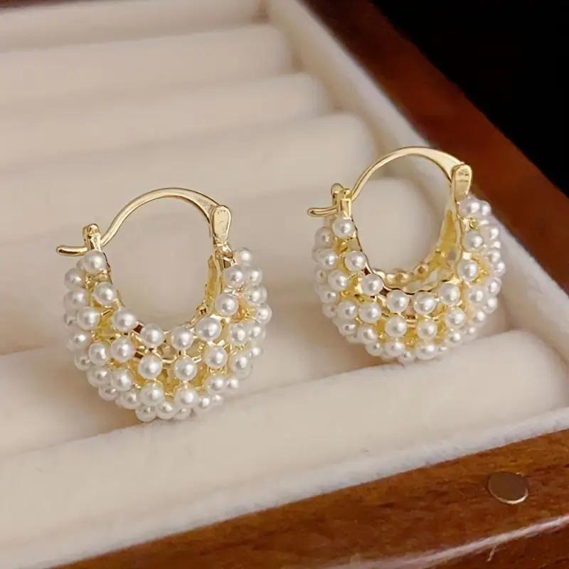 Huitan Elegant Bag Design Women Hoop Earring Imitation Pearl Aesthetic Lady Wedding Engagement Hollow Design Fashion Zircon