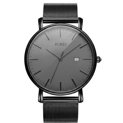 BUREI Mens Wristwatch Analog Japanese Quartz Slim Waterproof Date Black Watch Stainless Steel Milanese Mesh Belt