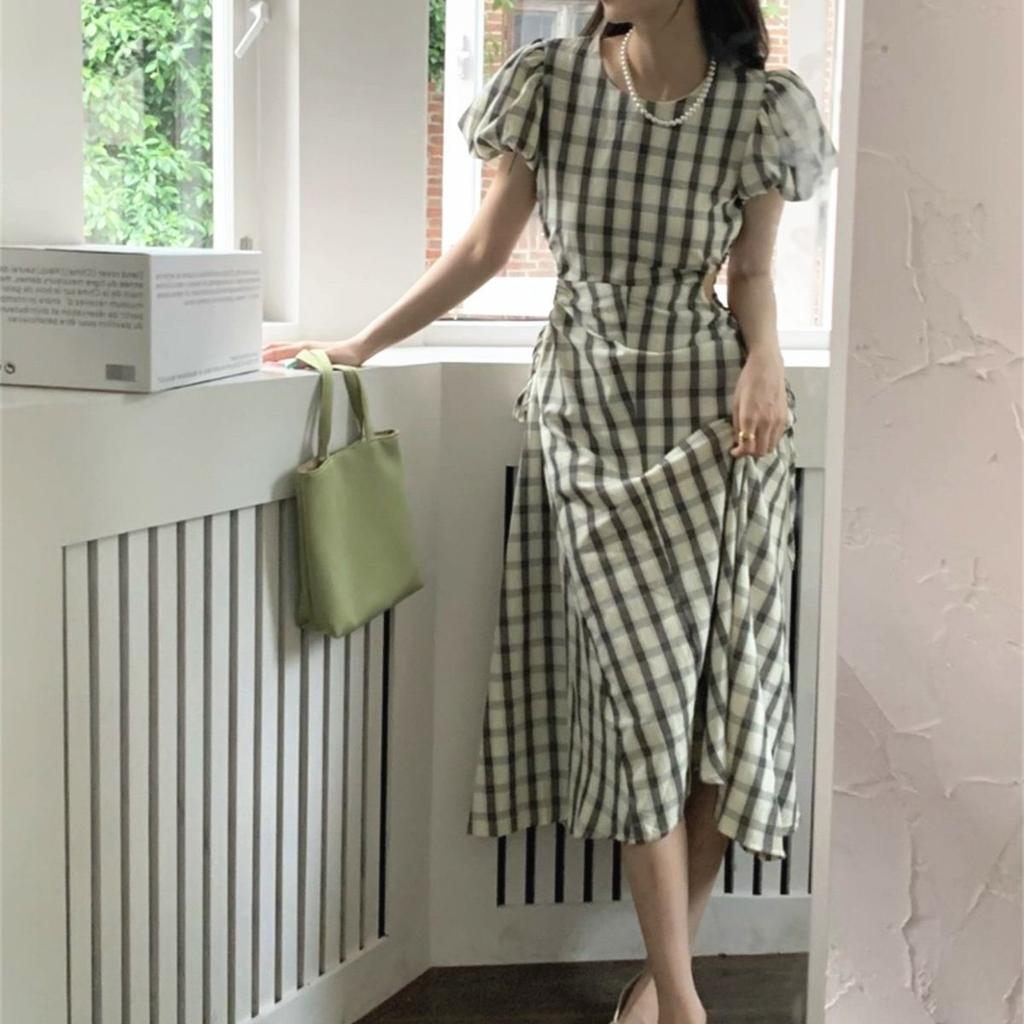 Retro Plaid Bubble Sleeves Hollow Waist Dress Women's Summer New Korean Long Dress French Design Skirt