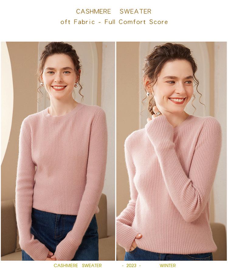 Women's Slim Fit Cashmere Striped Knit Pullover - Round Neck, Long Sleeve, Autumn/Winter Base Layer Sweater