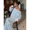 Womens Polka Dot Print Off Shoulder Long Sleeve Loose Casual Two Piece Sweatshirt Pant Set