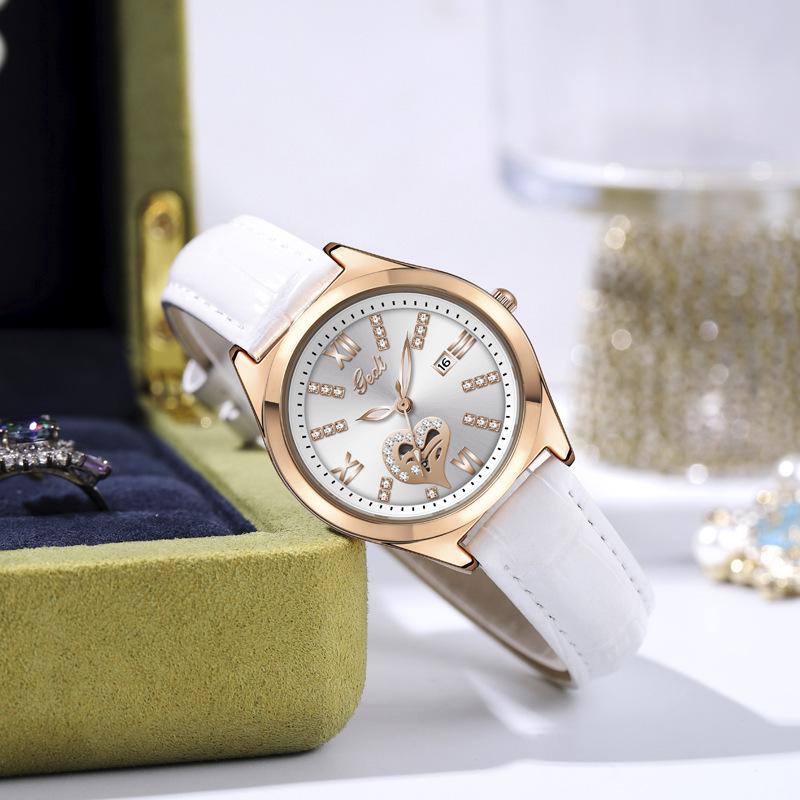 High-End Calendar Watch Light Luxury Diamond-Encrusted High-Value Hollow Women'S Watch Big Red Leather Quartz Watch