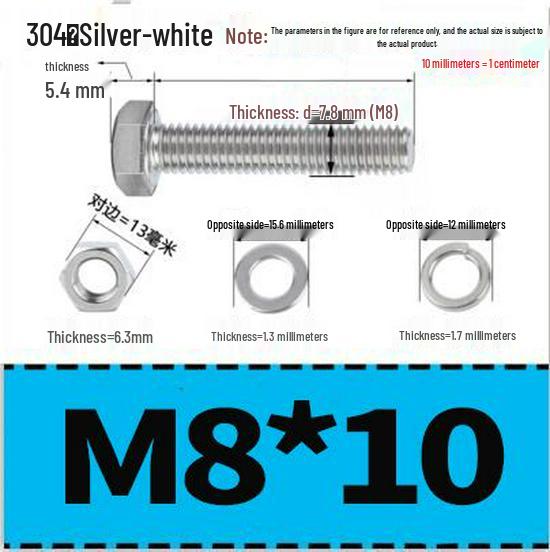 304 Stainless Steel Hex Head Bolt and Nut Set M6-M14, Lengths 8-100mm