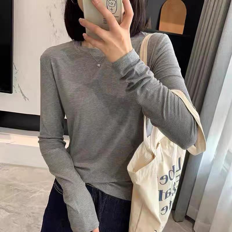 Women's Slim Fit Long-Sleeve Round Neck T-Shirt - Solid Color, High Street Autumn Style