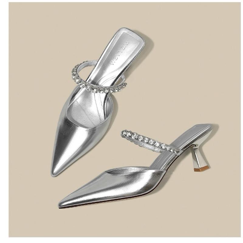 Fashion New Fashion Summer French Black Pointed Patent Leather Mid-heel Overhead Sandals for Women Retro Skinny Heel Back Empty Shoes