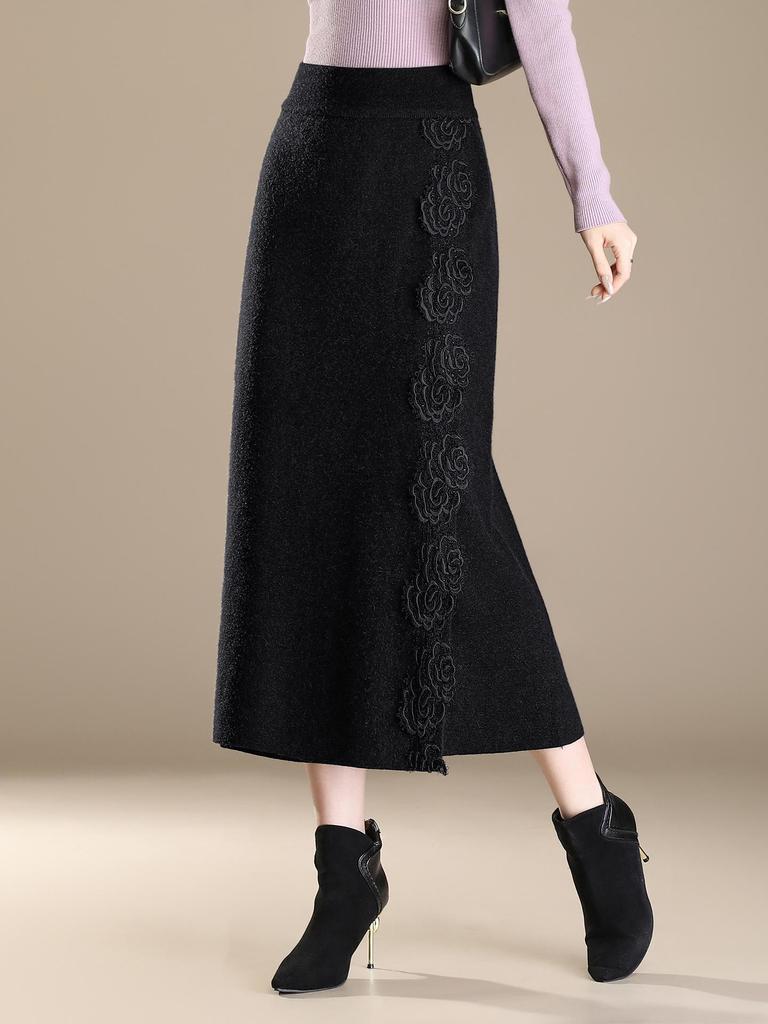 2026 Peony Lace Stretchy Knit Midi Bodycon Skirt