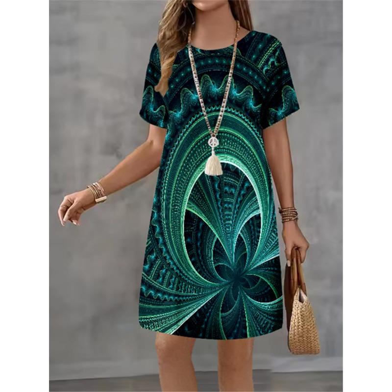 Women Dress Gradient Printing Design Sense Pattern New Summer Elegant Women A-Line Dress Casual Short Sleeve Mini Dress