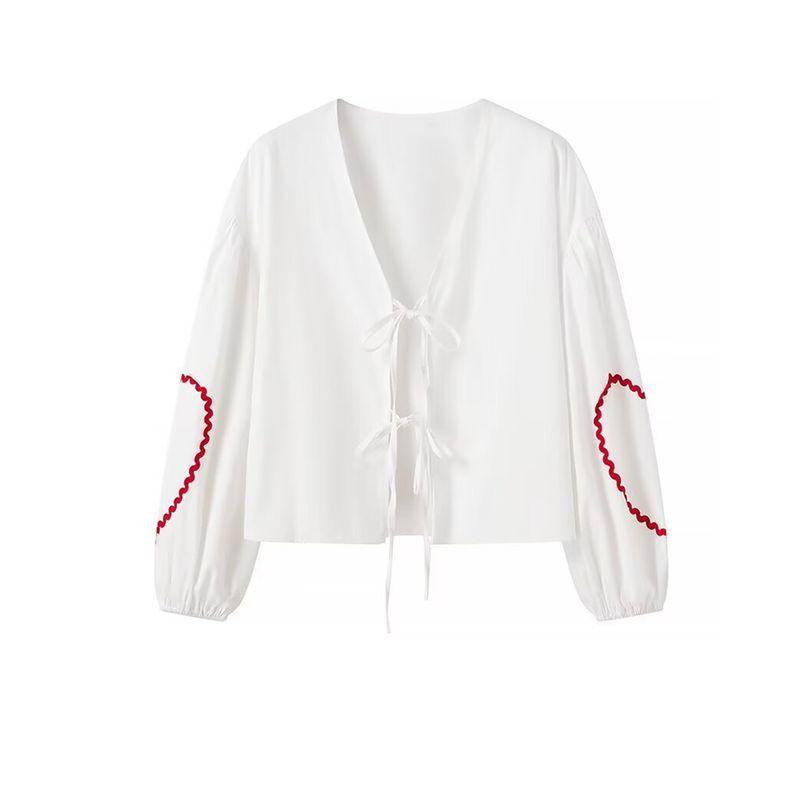 

Kaslead New Arrival Women s Fashion Style Fashion Simple All-Match Long Sleeves Heart Shoelace Shirt White L