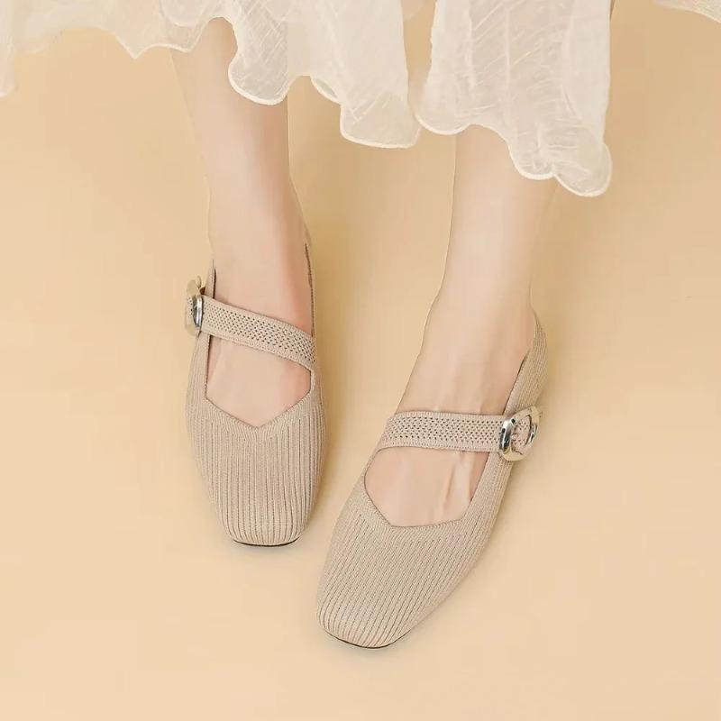 Fashion Women Flat Shoes Square Toe Shallow Mouth Mary Jane Knitted Single Shoe Flat Bottom Soft Sole Casual Shoes Flats Shoes Women