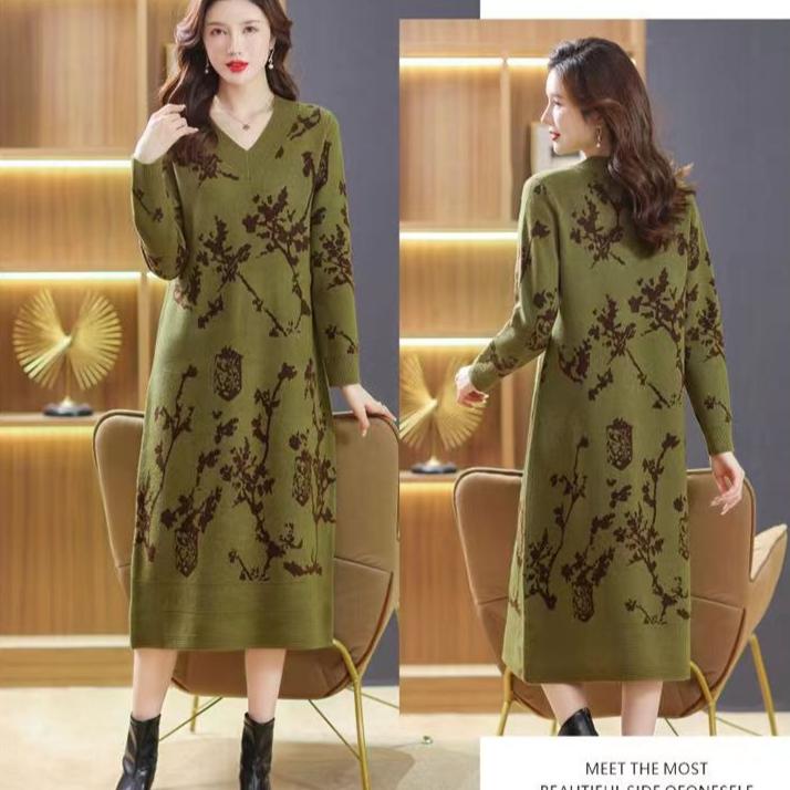Jacquard V-Ausschnitt Strickkleid für Damen Midilänge Lockerer Pulloverkleid für Herbst und Winter Lässiger Strickpullover