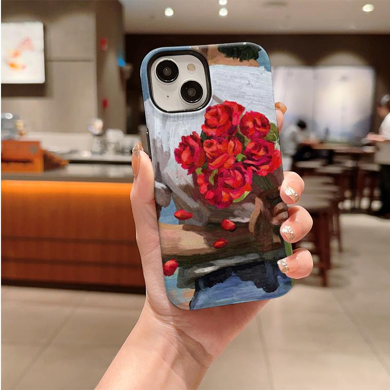 Impressionist Romantic Bouquet Red Rose Oil Painting Fine Art Film Aesthetic Protective Shockproof Bumper Case Cover For iPhone 14 15 16 Pro Max Plus