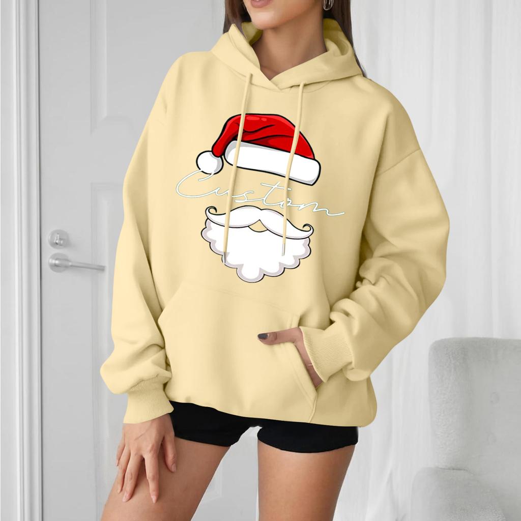 Women's Casual Comfortable Long-Sleeved Christmas Letter-Printed Warm Hooded Crew-Neck Sweatshirt