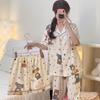 Cartoon Little Brown Bear Cloud Cotton Thin Pajamas Women'S Short-Sleeved Three-Piece Set Spring And Summer Soft Waxy Casual Loungewear