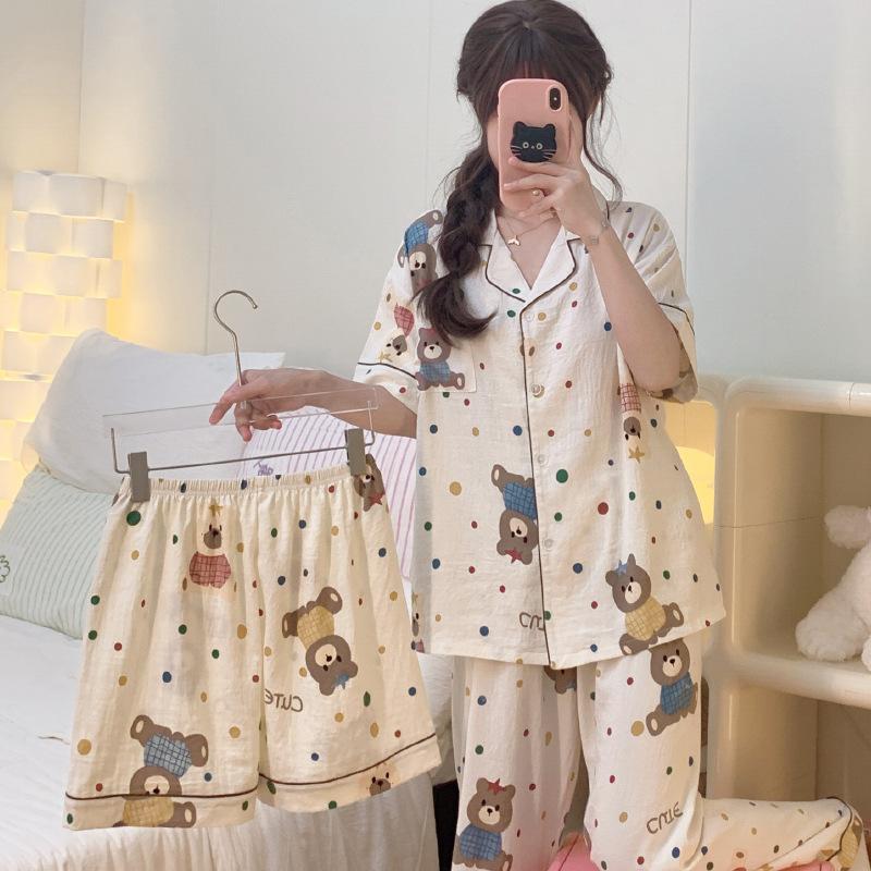 Cartoon Little Brown Bear Cloud Cotton Thin Pajamas Women'S Short-Sleeved Three-Piece Set Spring And Summer Soft Waxy Casual Loungewear