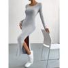 Fall Winter Women's Long Sleeve Crew Neck Slit Maxi Knit Dress, In Stock For Crossborder European American Size, Casual Long Dress For Women