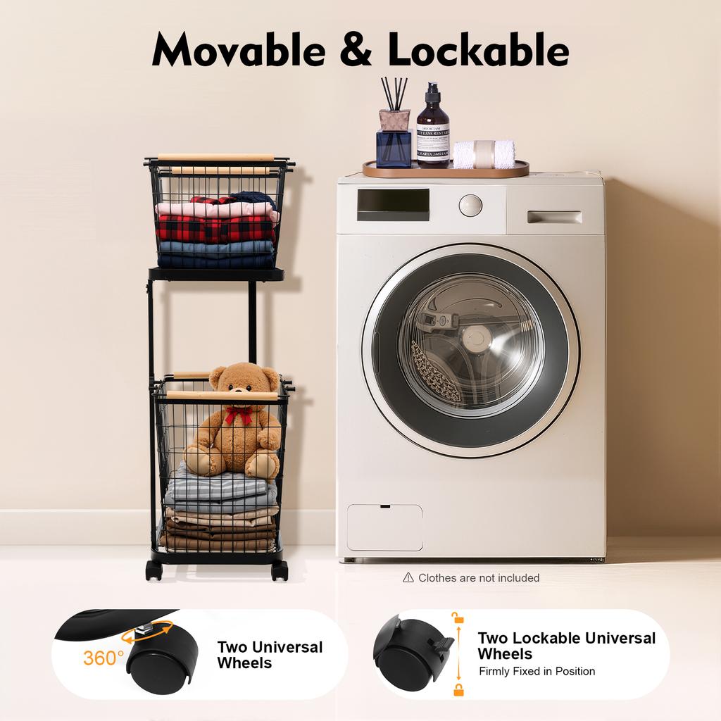 2-Tier Laundry Hamper Cart with Wheels, Heavy-Duty Iron Frame Storage Organizer Basket for Clothes Toys, Modern Black