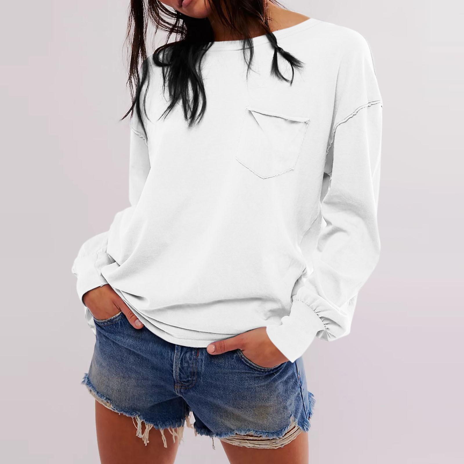 

Женская модная однотонная свободная футболка с круглым вырезом и длинными рукавами и карманами XL белый