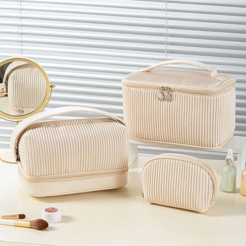 

Pleated Women Makeup Bag PU Cosmetic Bag Simple CreamToast Makeup Bag Girl s Gift pink-A