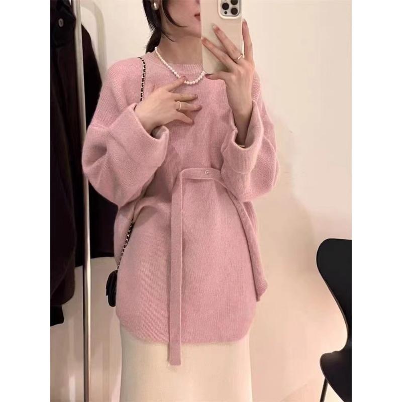 Autumn and winter new solid color crew neck large version knitted pullover top women's lazy wind lace-up sweater women