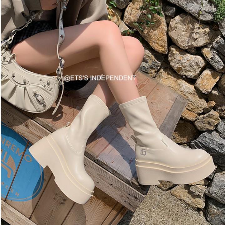 Spot Second Hair! Small Elastic Thin Boots Spice Girl High Boots Thick-soled Short Boots Women's Thin and High Autumn and Winter Boots