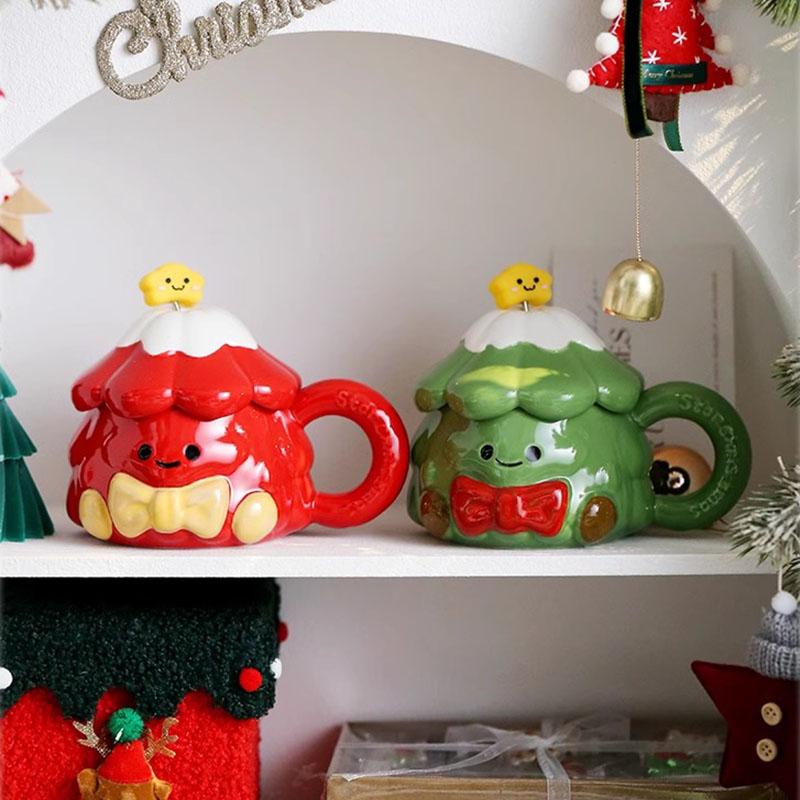 420ml Christmas Tree Ceramic Water Cup Creative Milk Mug with Lid Spoon Afternoon Camellia Flower Tea Coffee Cup Christmas Gift