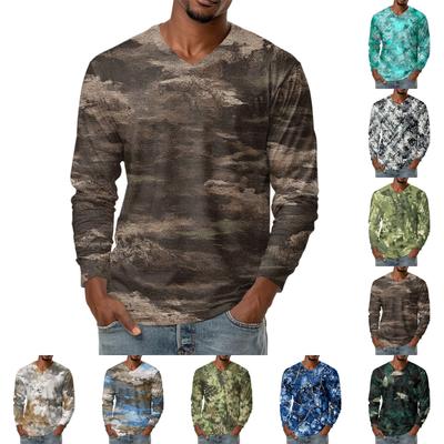 Men's V-neck Casual Fashion Printed Long-sleeved T-shirt Top