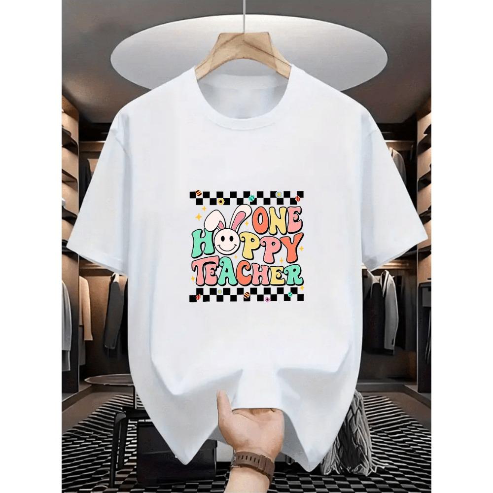 Oversized White Easter Teacher Bunny Graphic Print Casual Short Sleeve T-Shirt Loose Tee for Educators