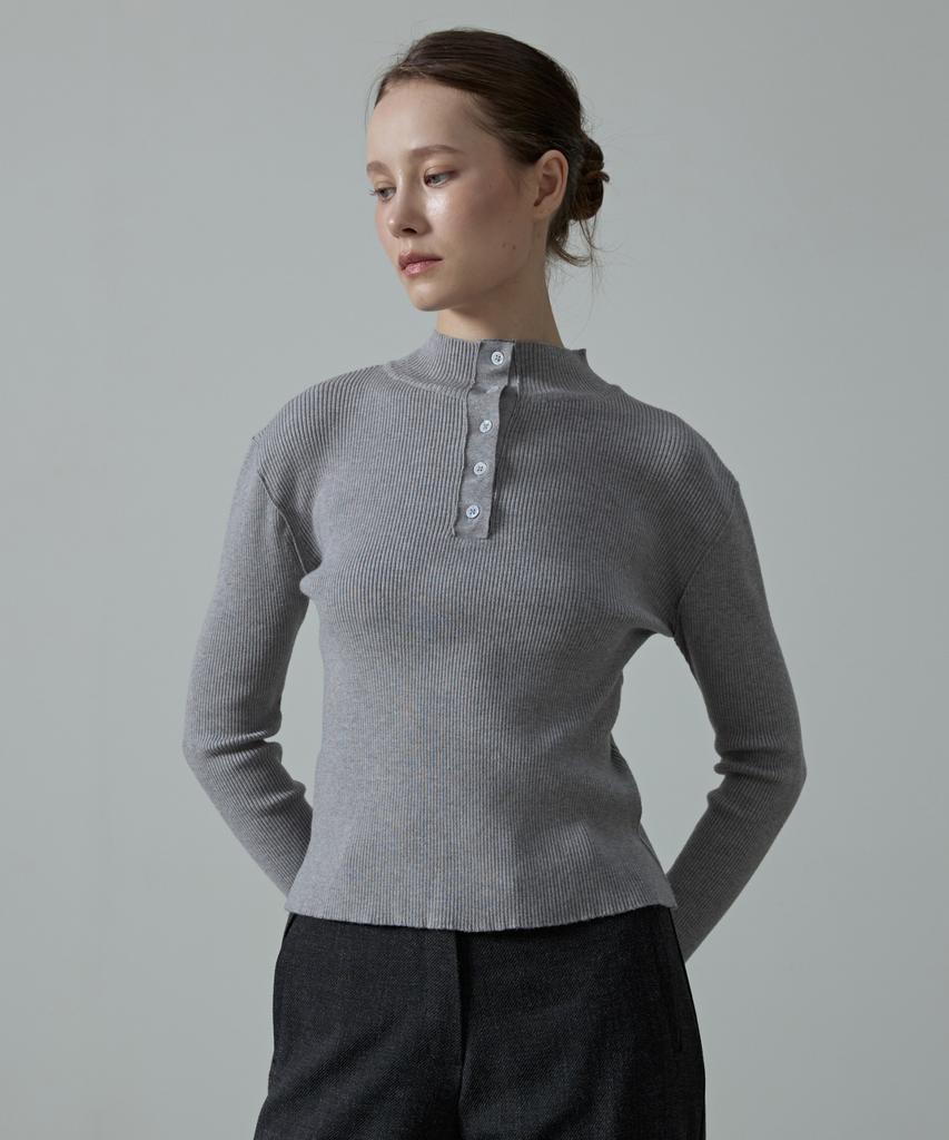 Aheule Aera Tension-Fit Henley Rib Half-Neck Knit_Grey
