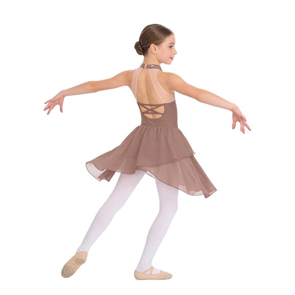 Dziewczęca Błyszcząca Sukienka Patchworkowa z Dżetami Bez Rękawów z Krytym Dekoltem Przezroczysta Siateczka Odkryte Plecy Nieregularny Dół Kostium do Tańca Lirycznego