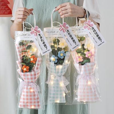 Finished Knitted Flowers Bouquet for Teachers' Day Crochet Handmade Bouquets with Led Lights Artificial Stuffed Puff Flowers