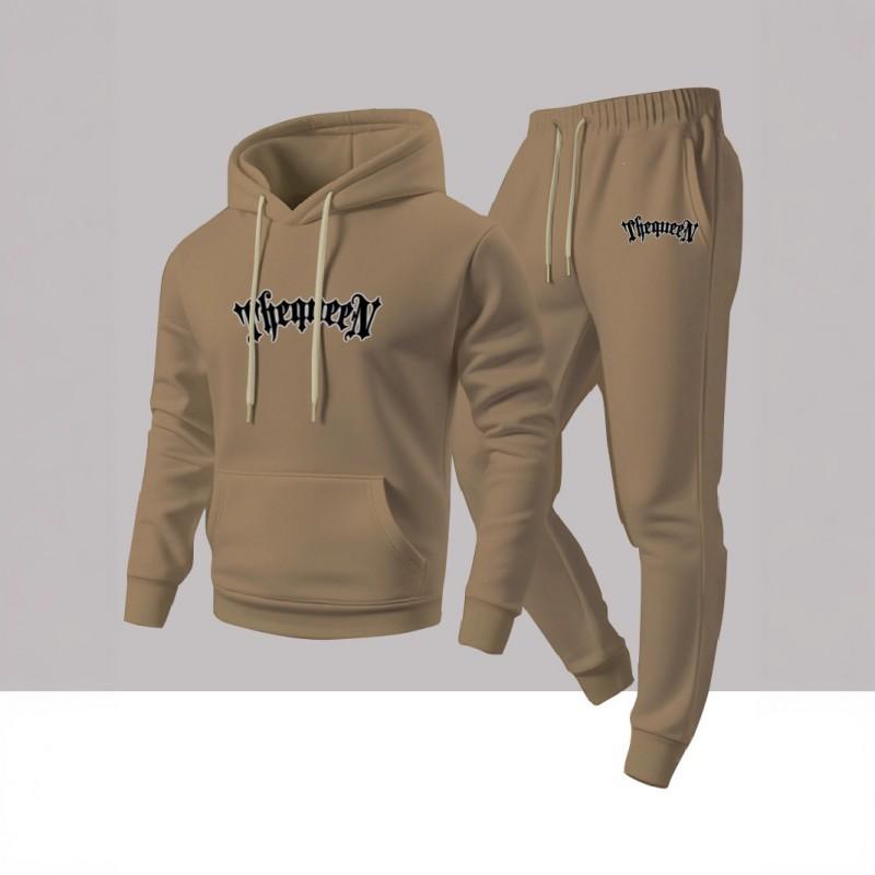Mens Fashion Casual 2-Piece Set Fleece Graphic Print Hoodie Sweatshirt Pants
